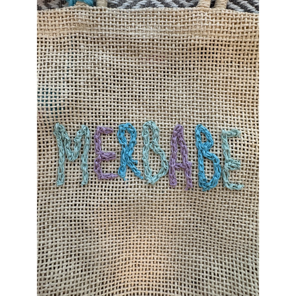 Merbabe Woven Straw Tote Bag with Colorful Yarn Lettering - Picture 2 of 3